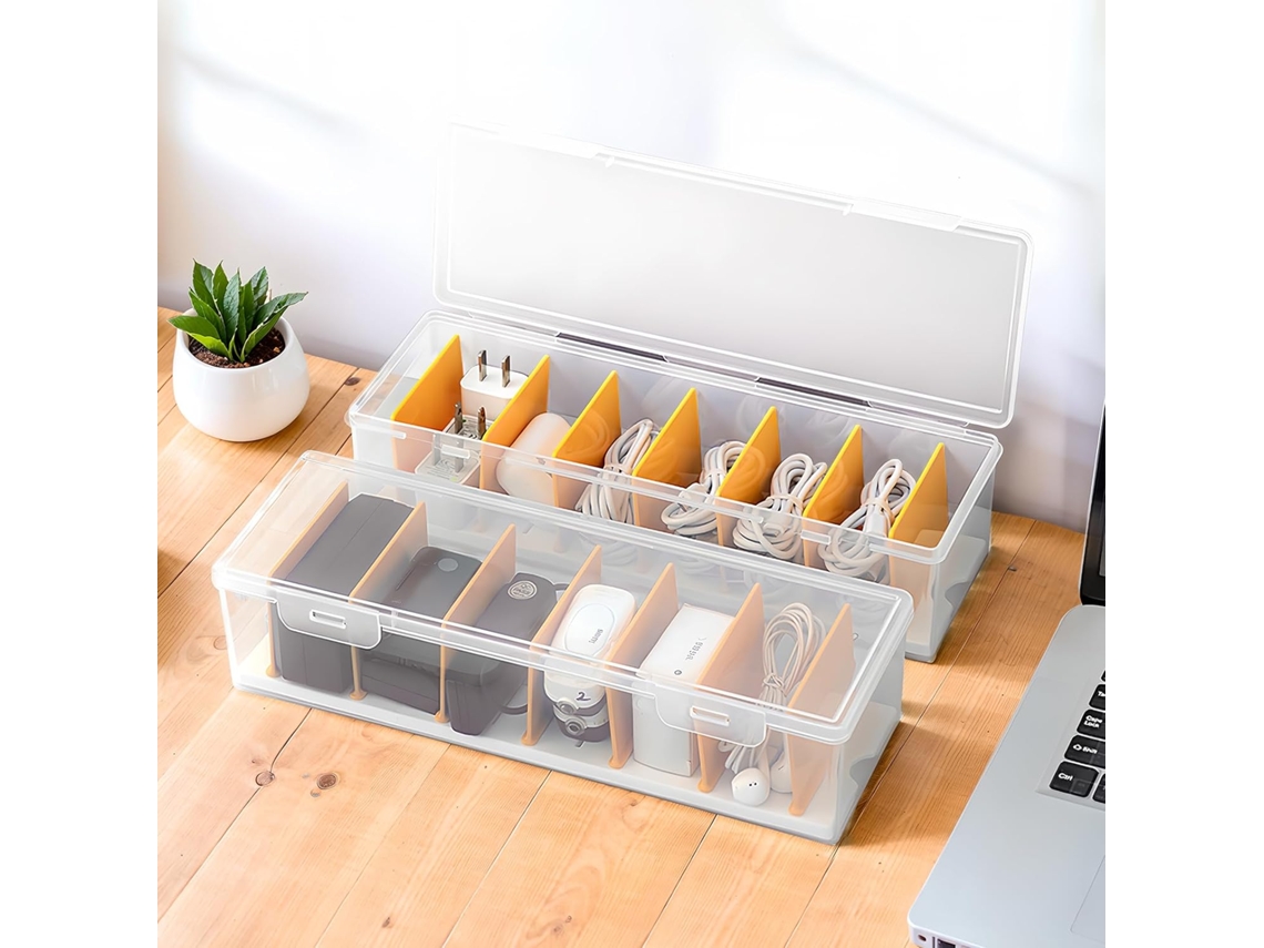 Organizador de cables con tapa, transparente, de plástico, para cargadores y cables, almacenamiento, organización de oficina, accesorio multifuncional.