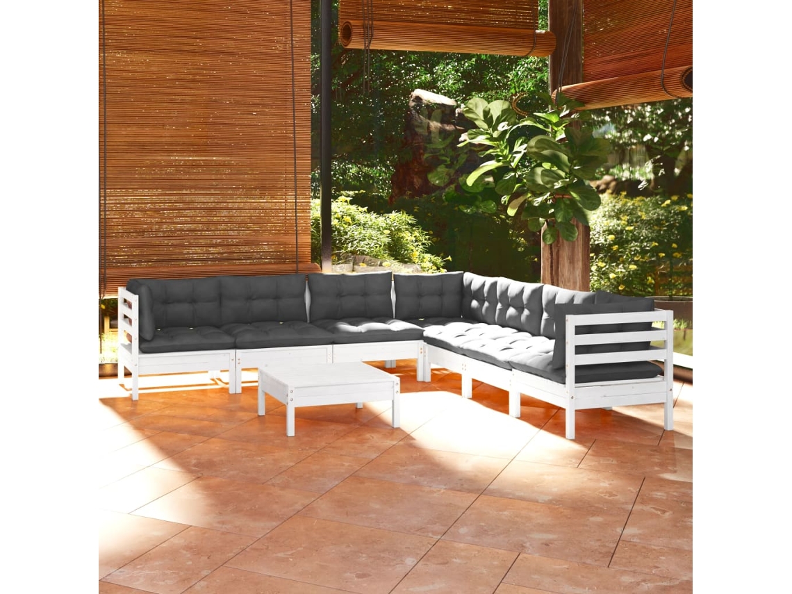 Conjunto de jardín de 8 piezas con cojines, pino macizo blanco, DKD Home Decor
