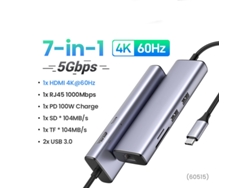 Estación de acoplamiento USB C Yizhood 4k60hz 7 en 1 tipo C a HDMI Pd100w Sdtf Rj45 USB3.0 5gbps para MacBook USB gris