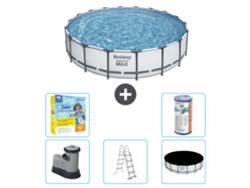 Piscina BESTWAY Round Steel Pro MAX - 549 x 122 cm - Gris - Bomba incluida - Escalera - Cobertor Paquete de mantenimiento - Filtrar