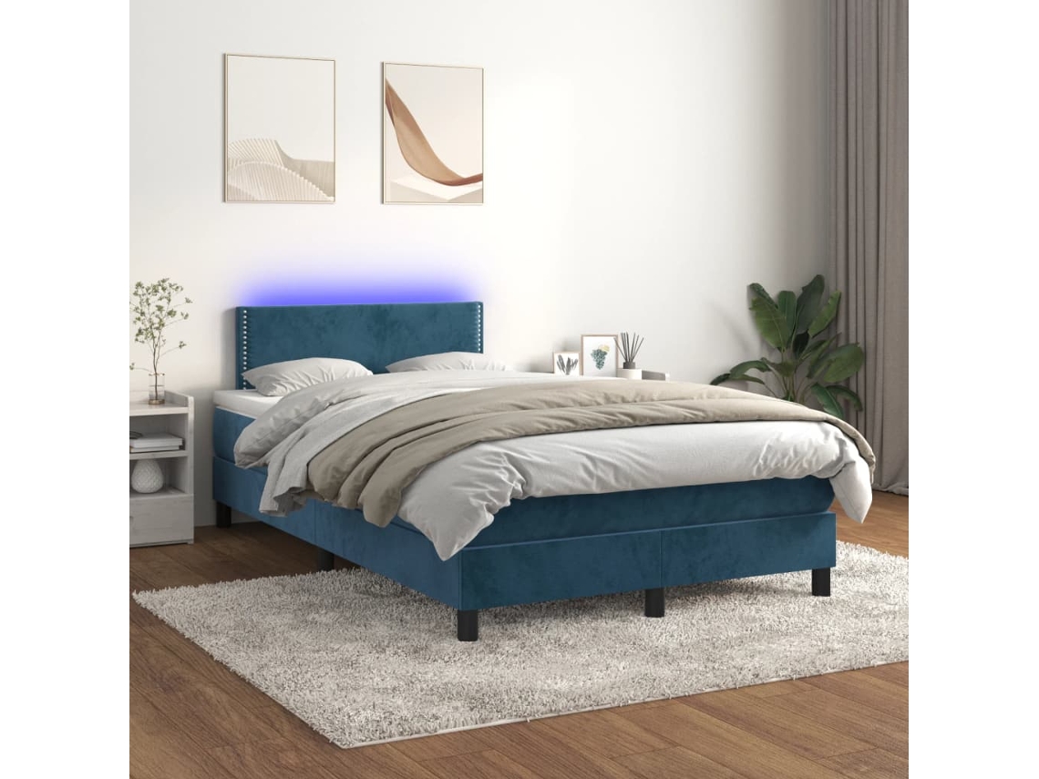 Cama Box Spring Colchón Y Led Terciopelo Azul Oscuro 120x200 Cm