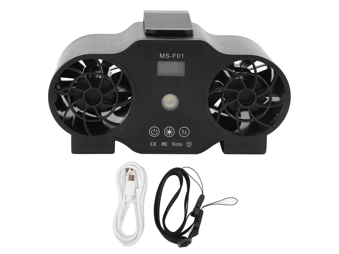 Ventilador portátil recargable por USB de 10000 mAh con pantalla digital.