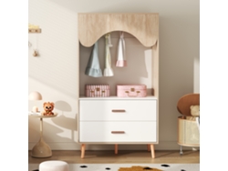 Armario infantil de 80×46×141,5 cm - Con barra y cajones, puertas abiertas, madera natural + blanco