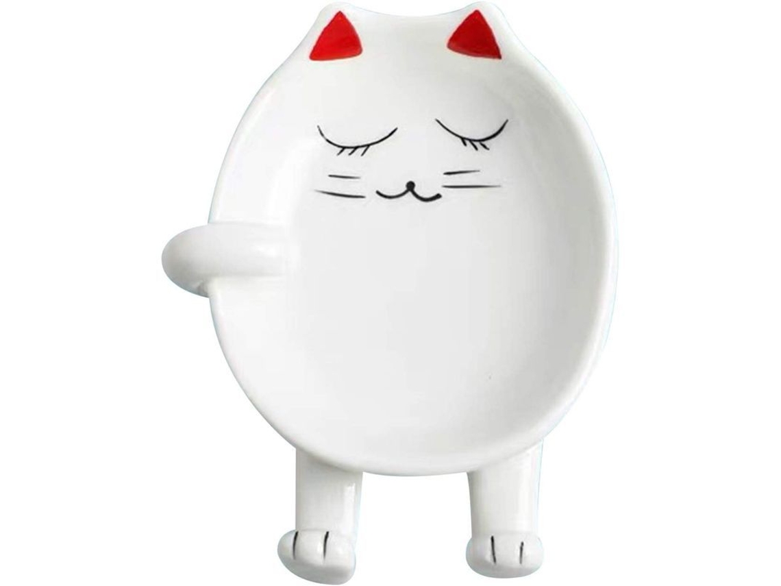 Soporte Multifuncional De Cerámica Con Forma De Gato Blanco Y Rojo Para Cucharas De Cocina.