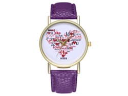 Reloj De Pulsera Para Parejas Con Estampado De Corazón En Piel Sintética Morada Y Movimiento De Cuarzo.