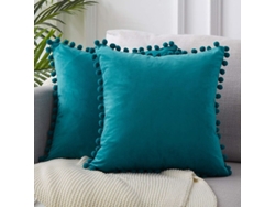 Capas de Almofada Decorativa 45x45 Cm Velvet Macio com Pom poms para Sofá Quarto Carro, 2 Unidades, Verde azulado