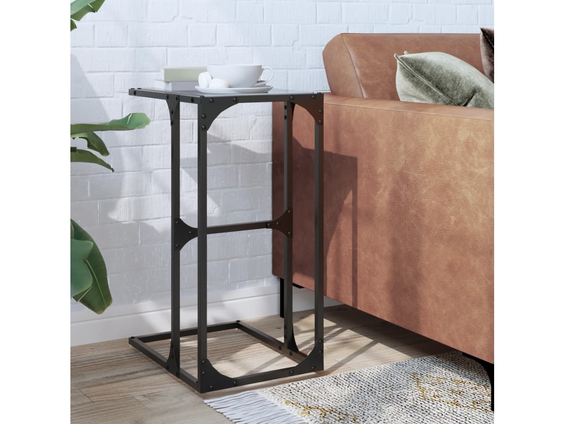 Mesa auxiliar | Mesa de comedor con tablero de cristal negro de 40x30x61,5 cm y estructura de acero.
