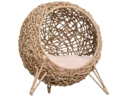 Cueva Para Gatos De Mimbre Con Base De Trípode Y Cojín De Felpa, Φ52x58cm, Madera Natural.