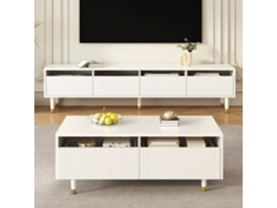 Mesa De Centro Led Moderna - Tablero Ondulado, 2 Cajones, Luces Led Cambiantes - Dorado-blanco