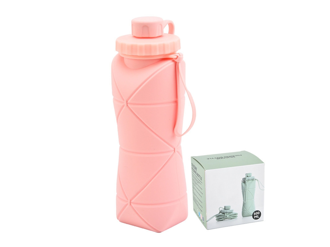 Botella De Agua Plegable De 600 Ml, De Silicona Y Acero Inoxidable, Segura Para Niños, Ideal Para Acampar, Viajar Y Practicar Deportes. Color Rosa.