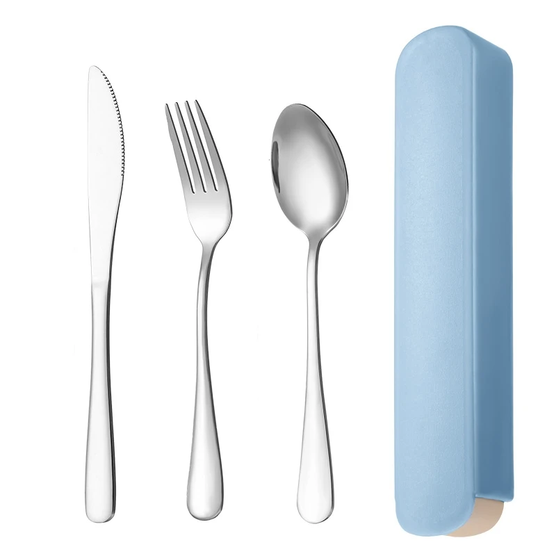 Juego de cubiertos portátiles de acero inoxidable 410, que incluye tenedor, cuchillo, cuchara y navaja de bolsillo. MDUG (azul A)