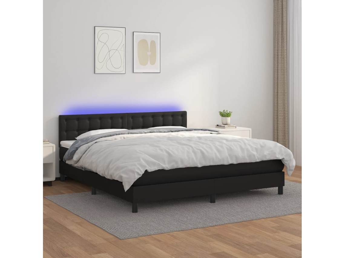 Cama Box Spring Colchón Y Led Cuero Sintético Negro 180x200 Cm