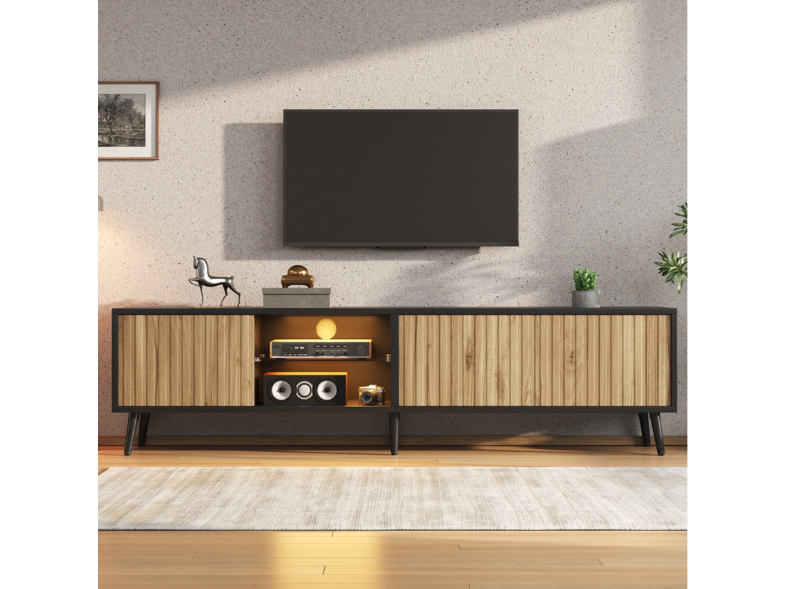 Mueble Tv Led Bajo 175x31x43,5 Cm - 3 Armarios, Vidrio Templado, 6 Patas, Apto Tv 75 Pulgadas - Madera Natural Y Negro