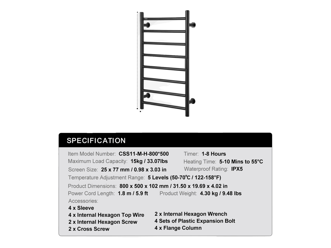 Toallero térmico, temporizador inteligente, construcción duradera de acero inoxidable, negro, 8 varillas OEM