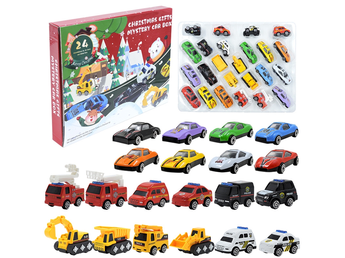 Calendario De Adviento De Navidad De 24 Días Con Coches De Juguete, Juguetes Y Regalos Navideños.