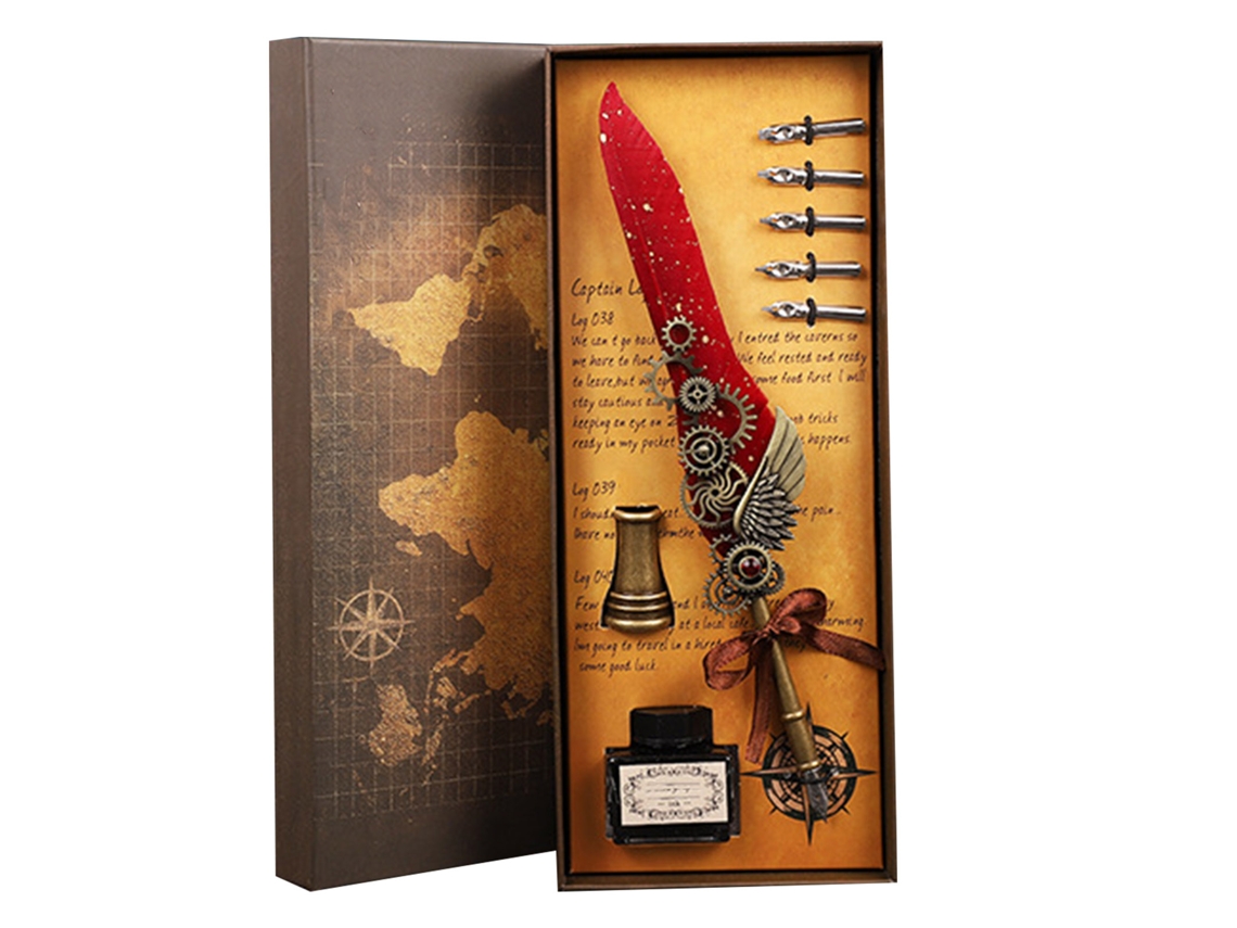 Set De Pluma De Pena Y Tinta Vintage Estilo Elegante Para Escritura Suave En Rojo Vino Para Hogar Colegio Oficina