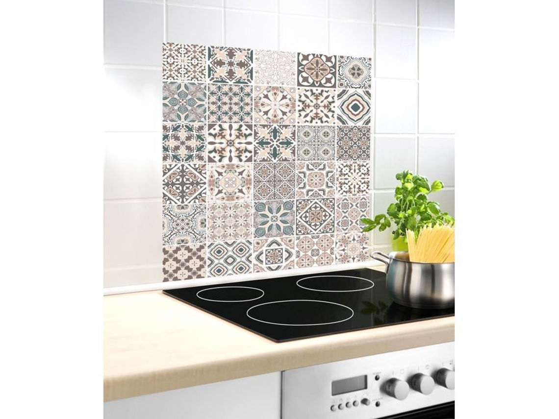 WENKO Base de campana, salpicadero de cocina de vidrio, Baldosas de cemento, vidrio templado, 60x70 cm, multicolor