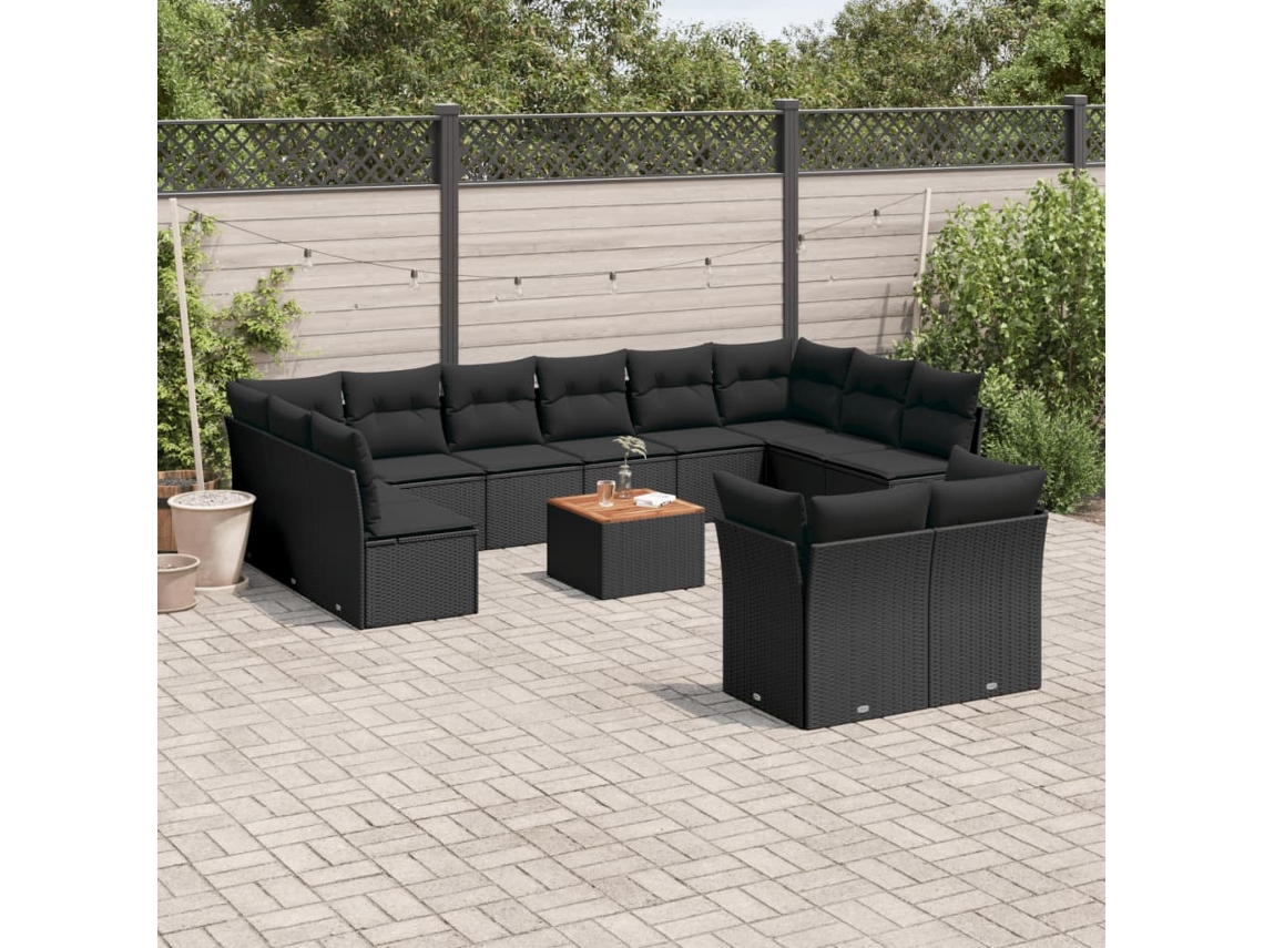 Conjunto de sofá de jardín de 13 piezas con cojines de mimbre sintético negro, Dkd Home Decor