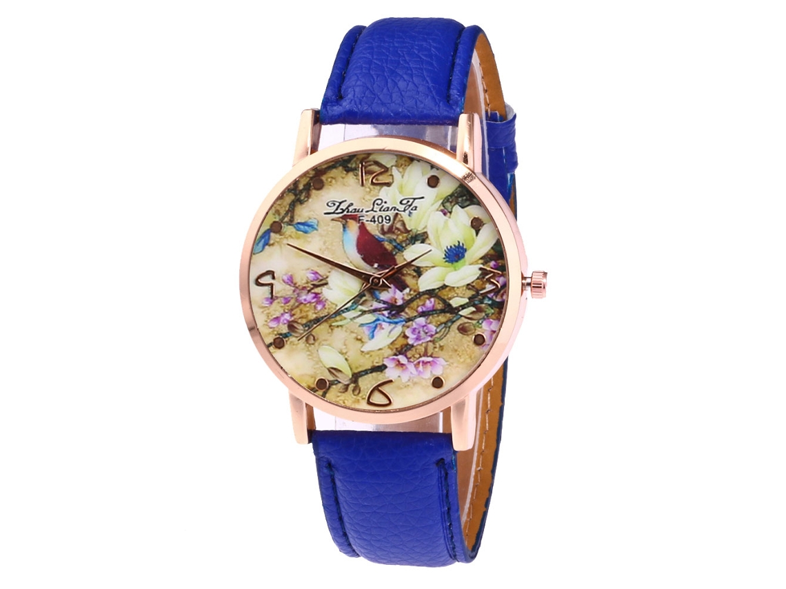 Reloj De Pulsera De Cuarzo Con Correa De Pu Patrón Flor Y Ave Zhoulianfa Azul