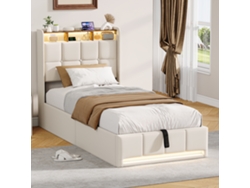 Cama Individual 90x200cm Beige Con Almacenamiento Hidráulico Cabecero Tapizado Lino Luces Led Rgb Y Puertos Usb/type-c - Estilo Moderno Y Práctico