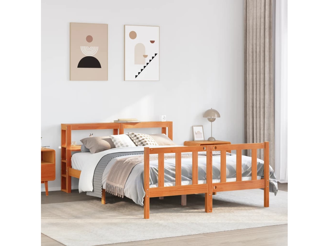 Cama De Matrimonio | Cama Para Adultos | Estructura Cama Con Cabecero Madera Pino Marrón Cera 150x200 Cm