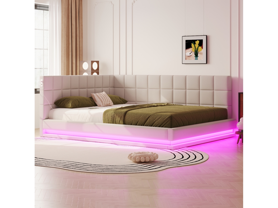 Sofá Cama Tapizado 160x200 Cm - Con Tira De Luz Led - Con Toma Usb - Tejido De Terciopelo - Beige