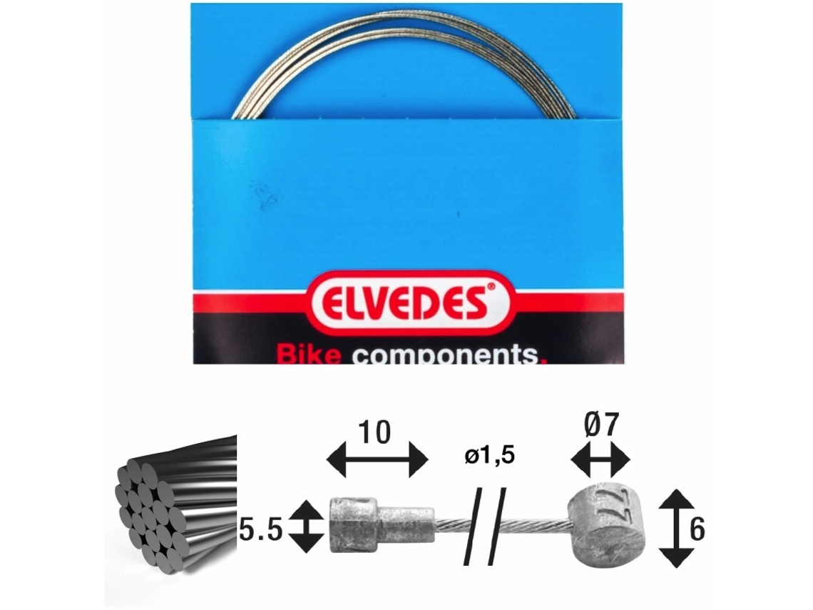 Cable de freno 1x19 alambre de acero inoxidable ø1,5mm cabeza en v ø5,5x10 y tetón ELVEDES 4000 mm