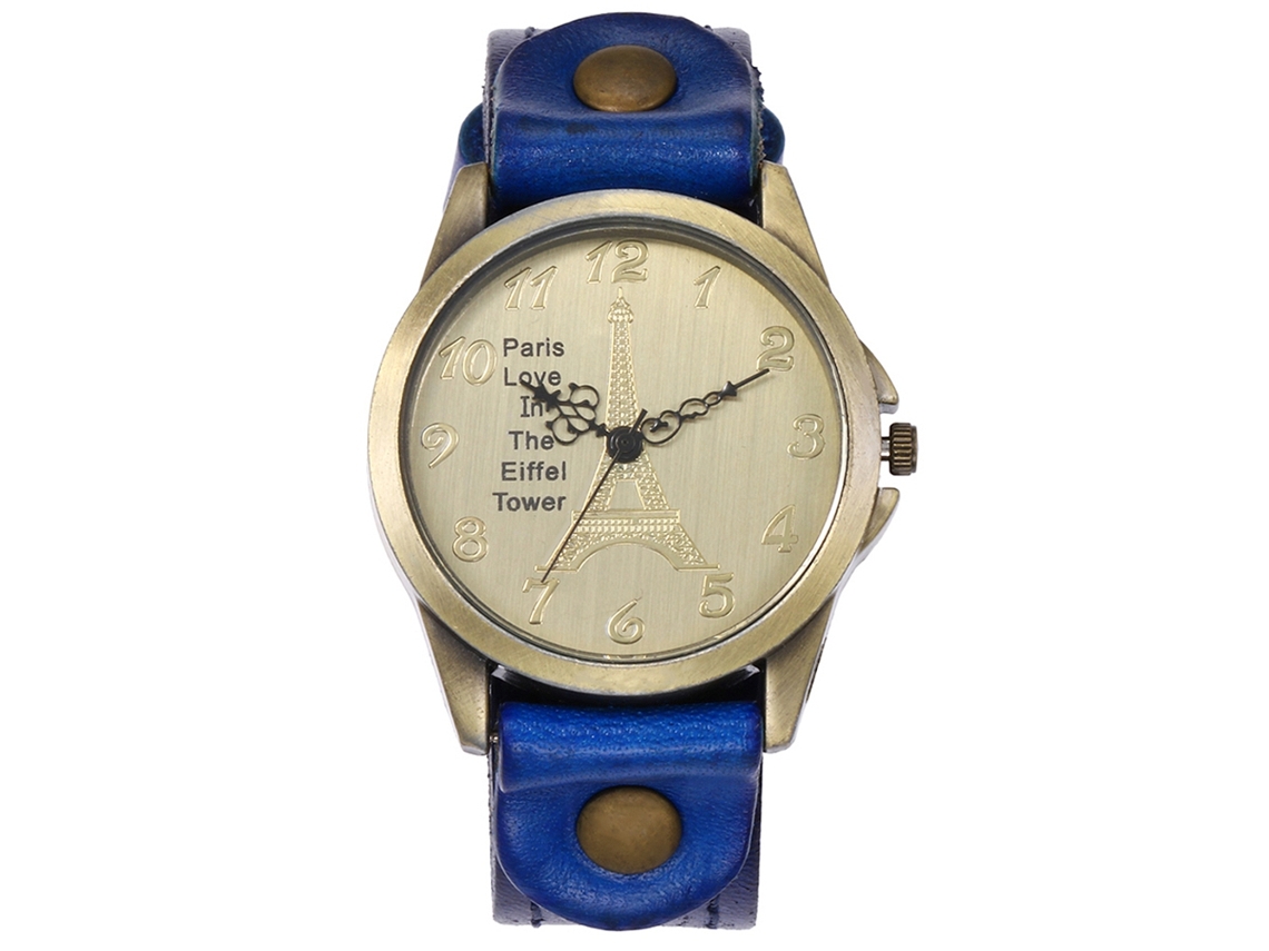 Reloj De Cuarzo Con Correa De Cuero Pu Redondo Estilo Retro Punk Torre Eiffel Azul