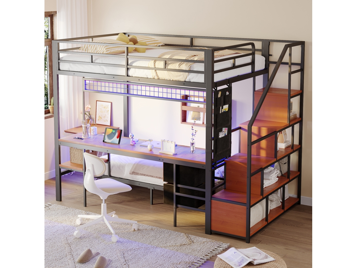 Cama Alta Metálica 140x200+90x200 - Escritorio, Led, Enchufes, Almacenaje Y Cajones - Negro