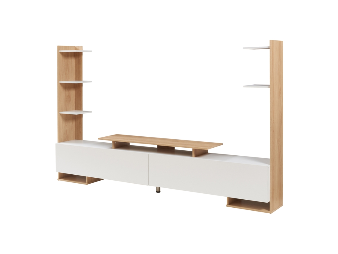 Mueble de TV Rauki con estantes laterales 233x31x141 cm Blanco/Roble [EN.CASA]