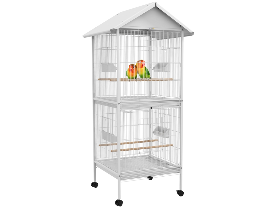 Aviario Convertible De Dos Plantas Con Ruedas, 78x75x168cm, Blanco.
