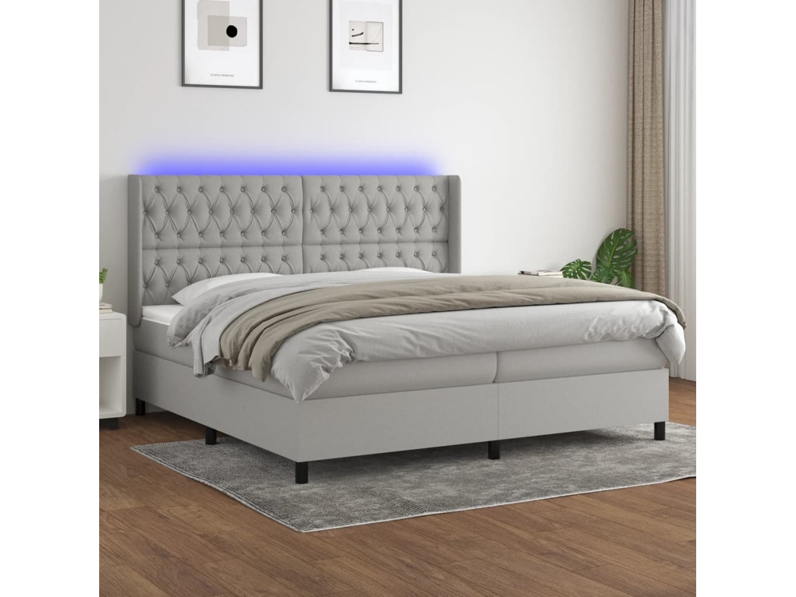 Cama Box Spring Con Colchón Tela Y Led Gris Claro 200x200 Cm