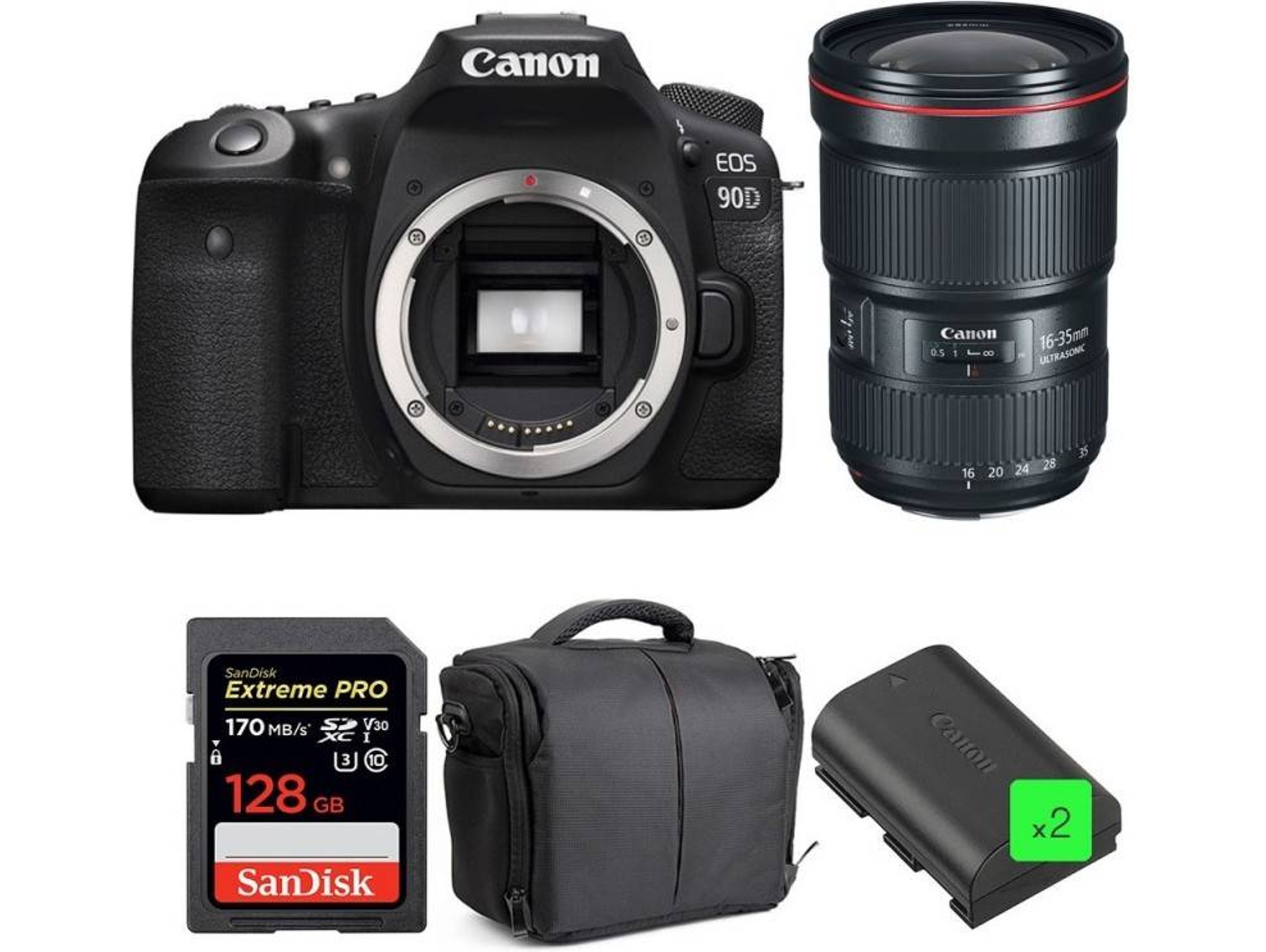 Kit Cámara Réflex CANON EOS 90D + EF 16-35mm f/2.8L III USM + SanDisk 128GB + 2 LP-E6N + Bolsa