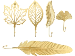 5 Percheros, Juego De Ganchos De Pared De Hierro Dorado Con Forma De Hoja Y Pluma.