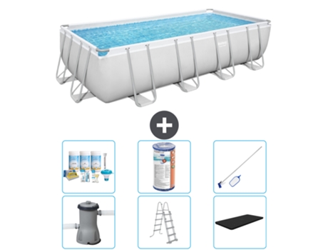 Piscina BESTWAY rectangular Power Steel - 488 x 244 x 122 - gris con bomba incluida - escalera - cubierta Accesorios CB32