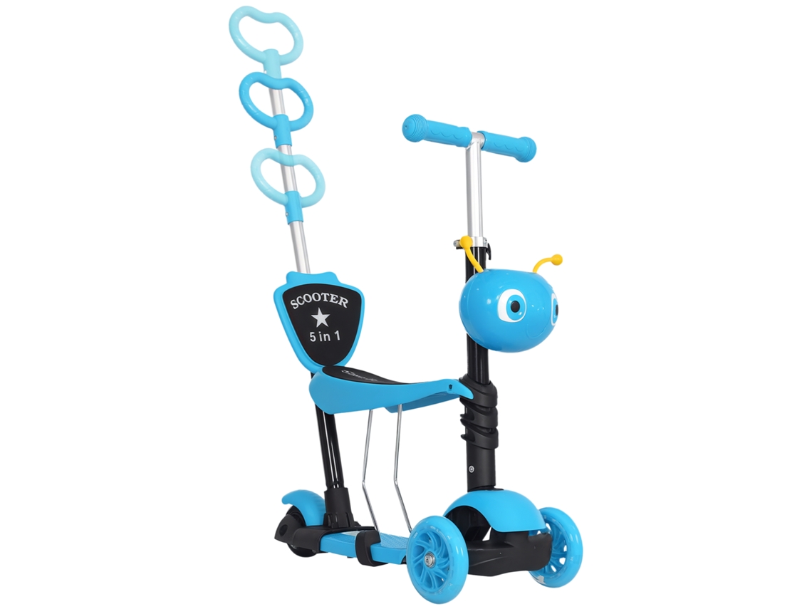 Patinete 3 em 1 para Crianças a Partir de 18 Meses, de 3 Rodas com Assento Removível, Guidão, Barra de Empurrar, Alt. Ajust., 62x25x72.