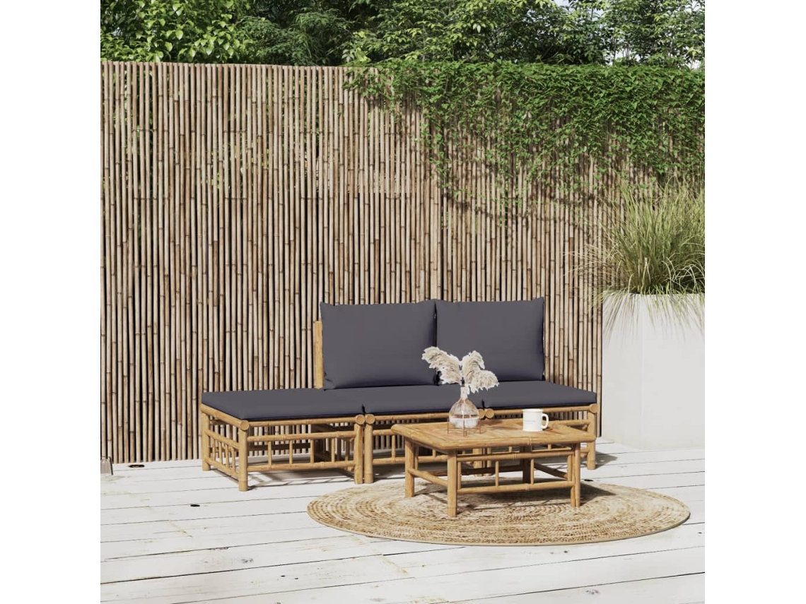Conjunto de jardín de bambú de 4 piezas con cojines gris oscuro DKD Home Decor