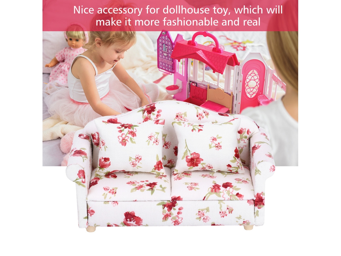Sofá Doble Con Estampado De Mini Flores Para Casa De Muñecas A Escala 1/12 (1)