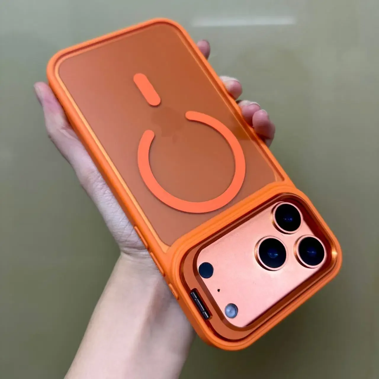 (iphone 17, Naranja) Funda Protectora Magnética Translúcida Mate Para Iphone Con Soporte Metálico, Compatible Con Magsafe.