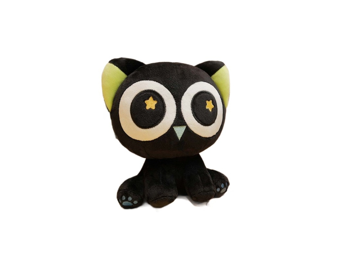 Peluche de gato negro de 20 cm, muñeco de gato de ojos grandes que sostiene una almohada de tela