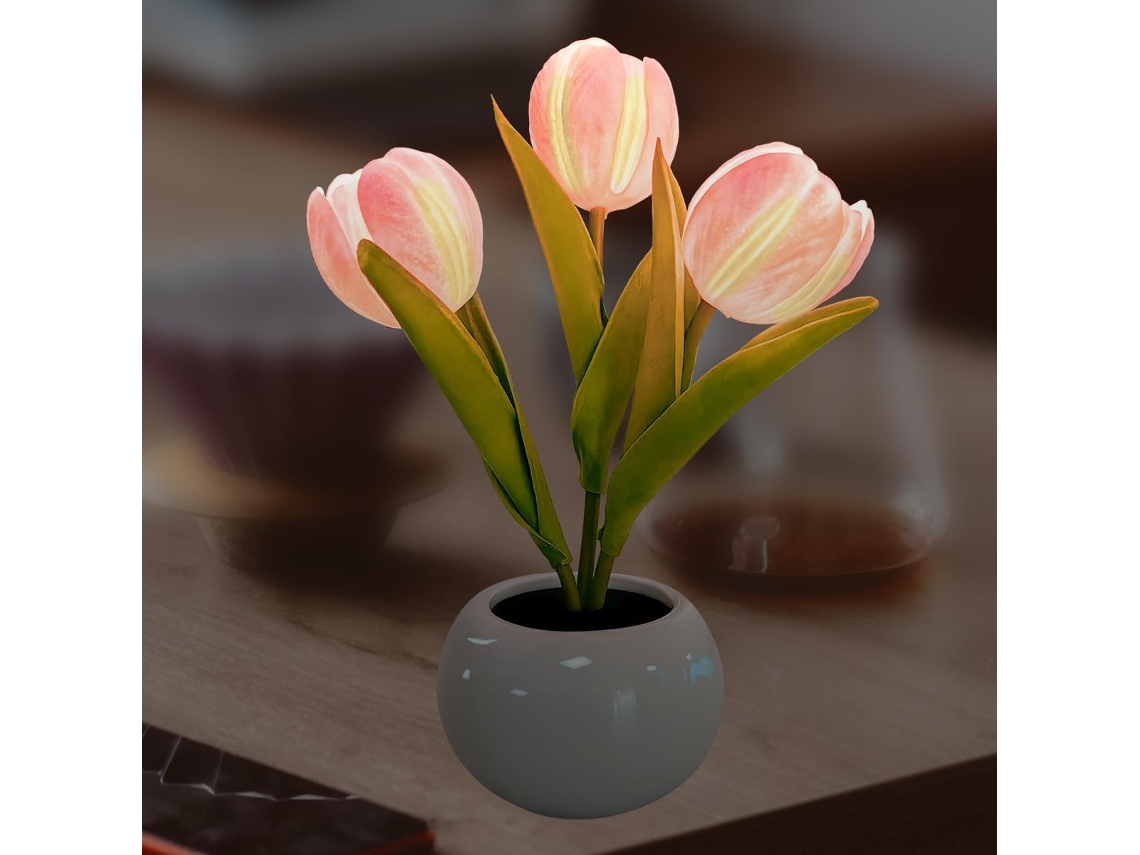 Lámpara de cerámica rosa con forma de tulipán y flor LED artificial, decoración de mesa ZYBLSSBB