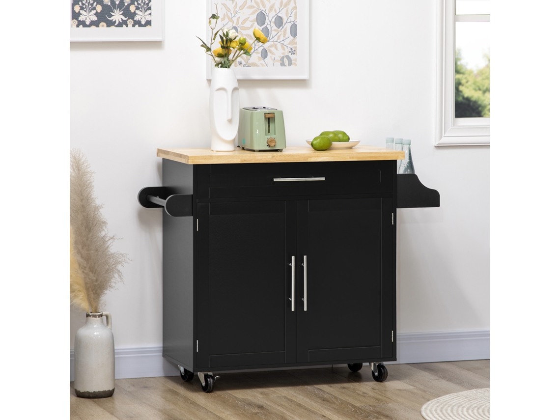 Carrito de cocina con encimera, especiero y toallero, negro, 109x40x89cm