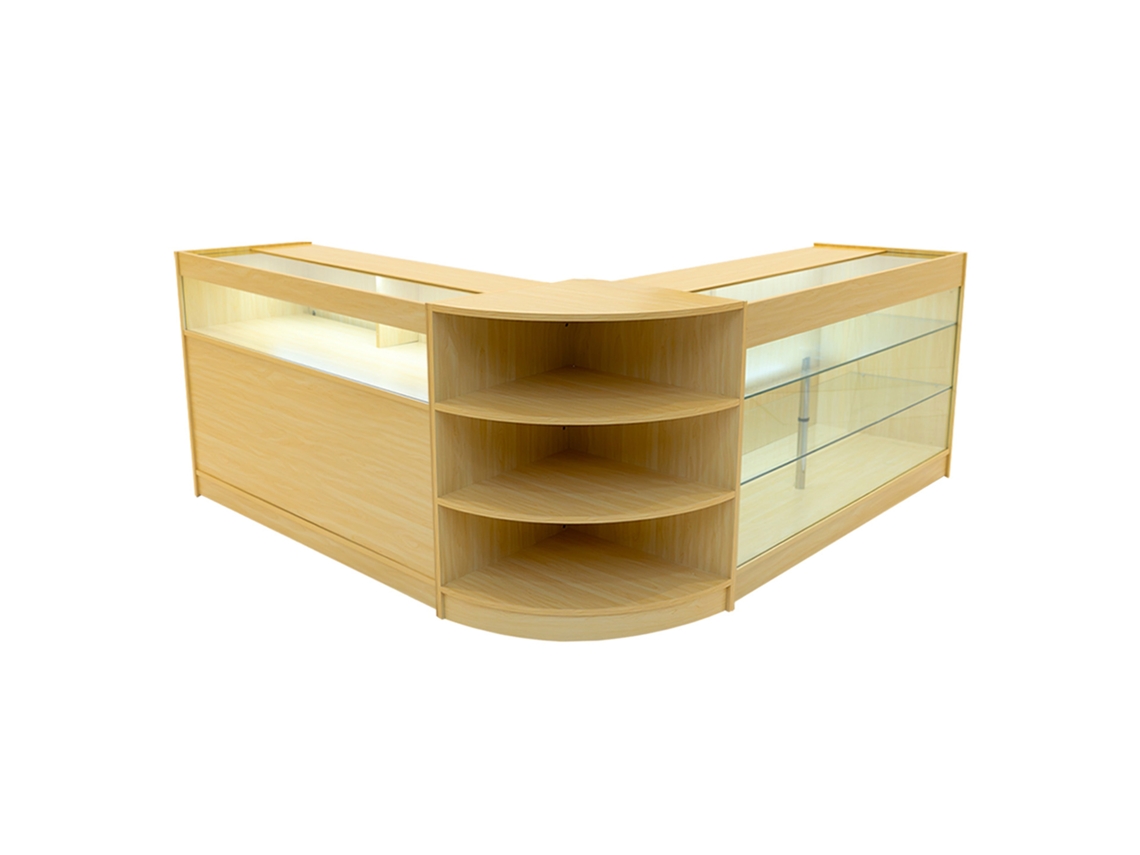Mostrador comercial MonsterShop Demeter, arce, K1500B1500LM60, MDF y vidrio templado
