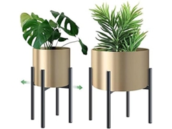 Soporte de metal con materiales ecológicos, soporte elevado de inspiración bambú de mediados de siglo, soporte ajustable para macetas de interior y exterior.