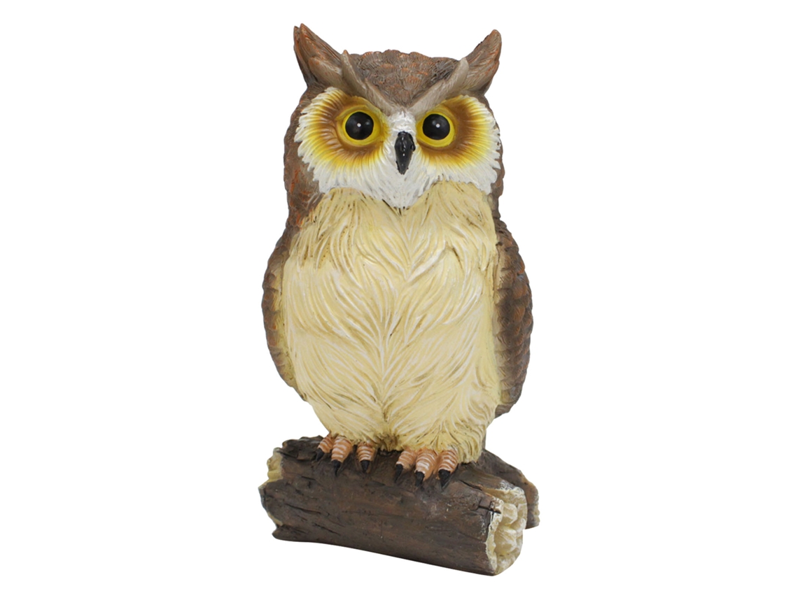 Estatua de búho leonado en resina para decoración de jardín exterior.