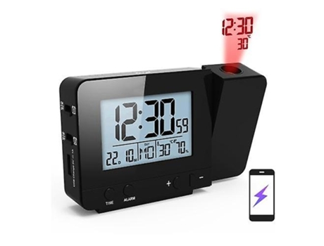 Reloj de alarma de proyección para el dormitorio con termómetro Hygrometro Proyecto digital Reloj Techo Pantalla LED DIMMABLE con cargador USB 180 ...