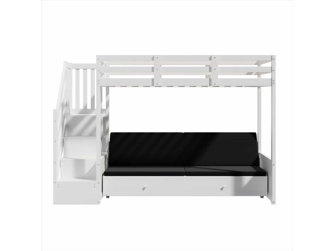 Litera Infantil 90x200 Cm, Escalera Con Armario, 2 Cajones, Cama Inferior Sofá, Cojines, Blanco