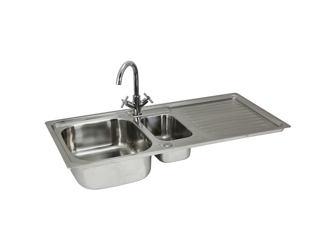 Fregadero de cocina reversible Kukoo de acero inoxidable de 1,5 senos con grifo Victoria, kit de plomería y sistema Monstershop