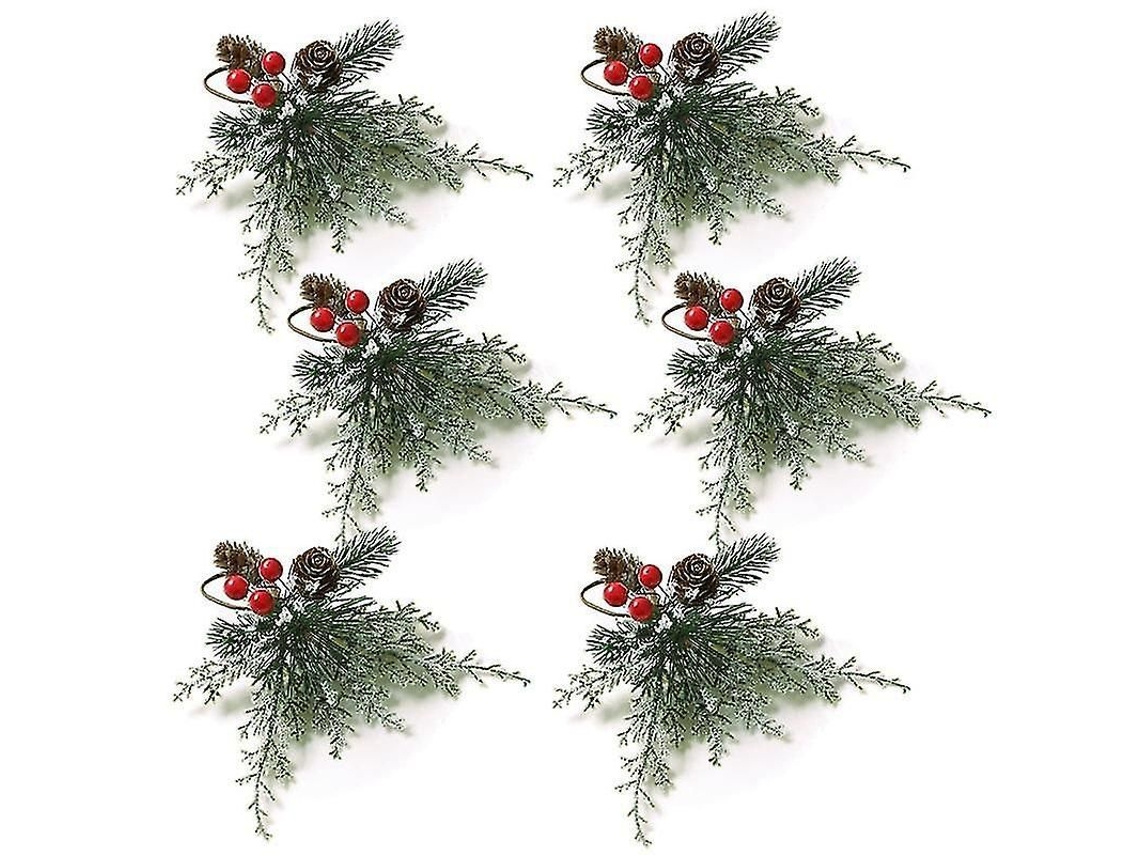 Juego De 6 Anillos Para Servilletas Navideñas Con Piñas Artificiales, Ramas Y Frutos Rojos
