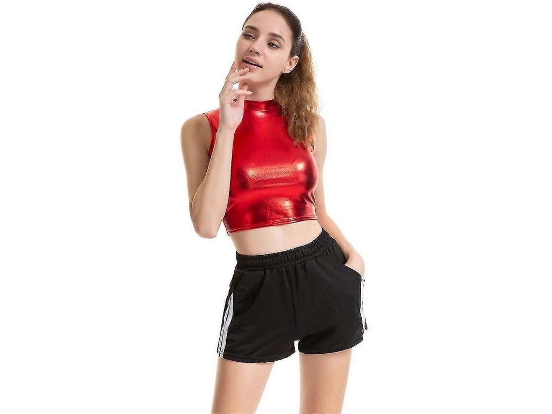 2026-top Metallizado Para Bailar Mujer Crop Top Brillante De Tela Elástica